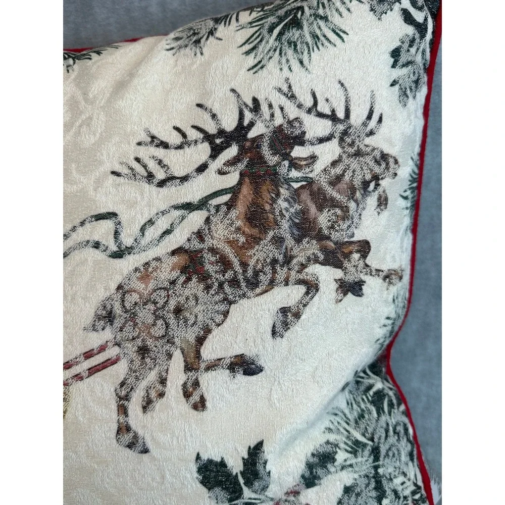 Christmas Olde World Santa Sleigh Reindeer Throw Pillow Red Trim Cream ‎ 17 x 17
